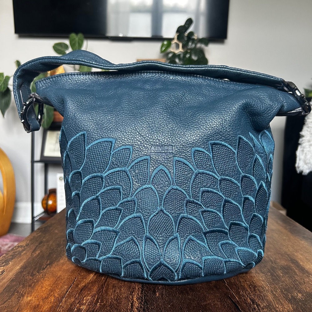 Aimee Kestenberg Hobo Bag Women Large Teal Blue Leather Embroidered Good Scallop